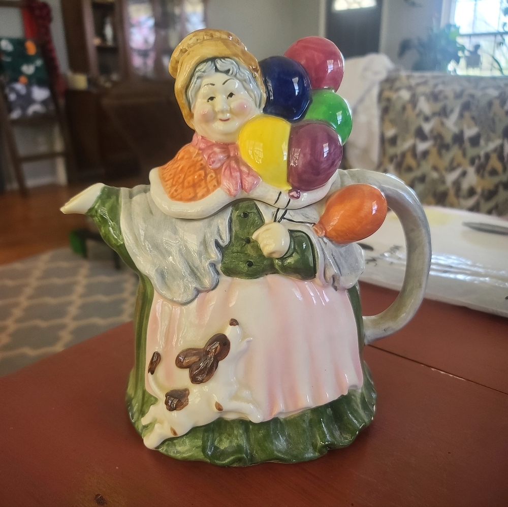 Vintage Tea Pot Takahashi San Francisco Hand Painted Woman With Balloons & Dog